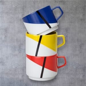 MoMA De Stijl Stacking Mugs Set of 3 Piet Mondrian Bauhaus Primary Colors Rare